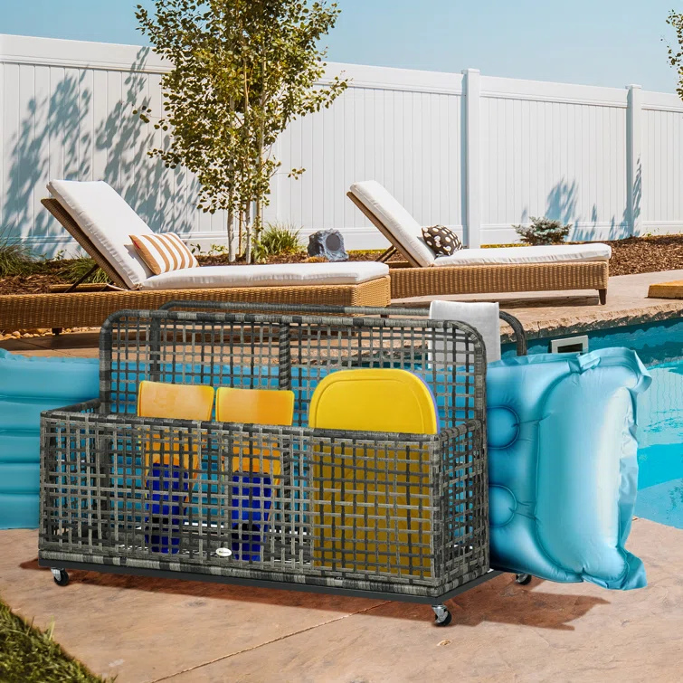 Outsunny 43.25'' W 110 Gallons Water Resistant Wicker Cabinet Deck Box with Wheels