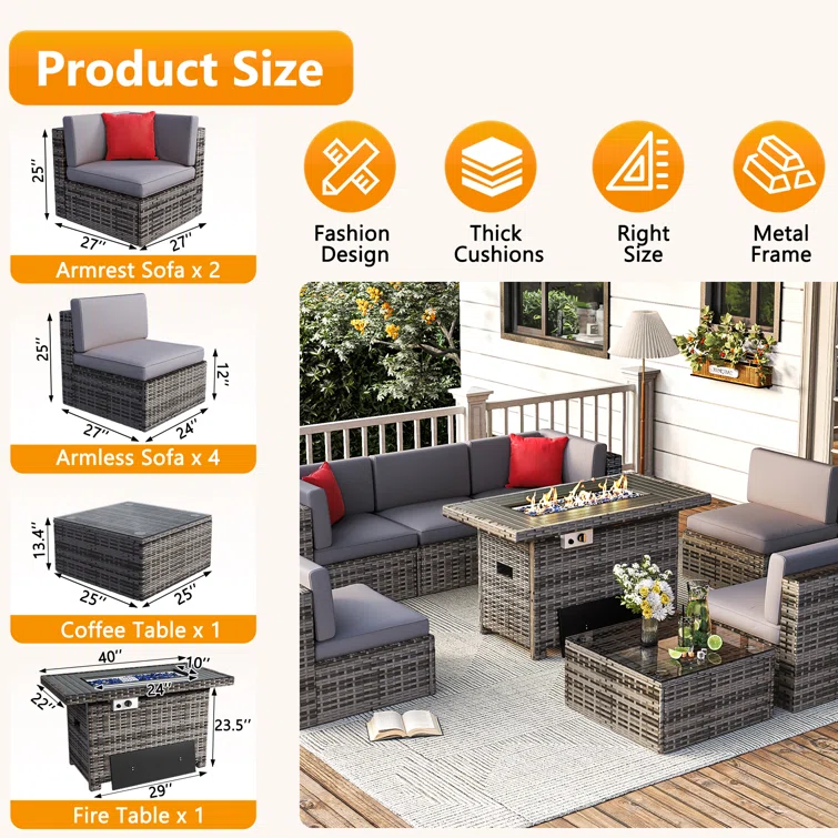 Caradog Wicker 6 - Person Patio Conversation Sets with Cushions Coffee Table and Fire Pit