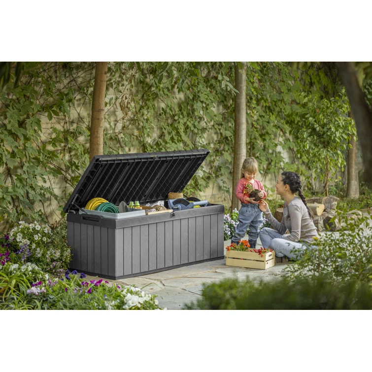 Keter Darwin 100 Gallon Durable Resin Outdoor Storage and Organization Deck Box Ideal For Garden Patio Furniture and Supplies, Graphite