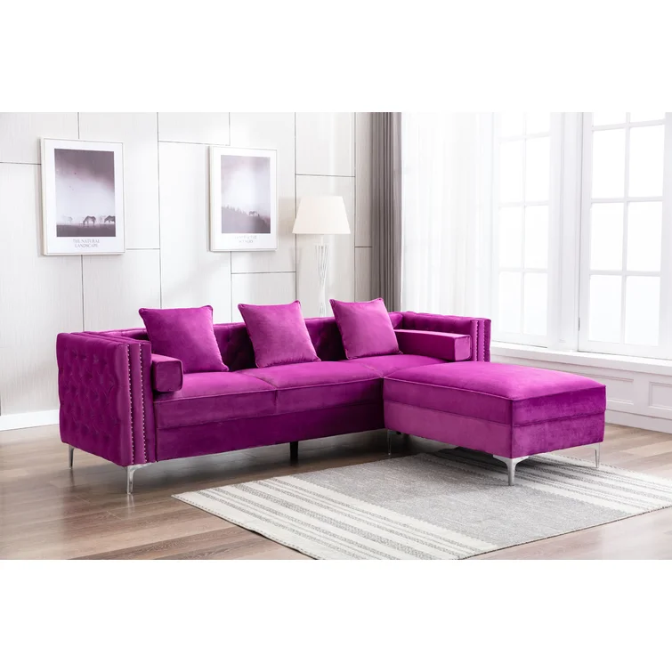Zaida 104" Wide Velvet Reversible Modular Sofa & Chaise with Ottoman