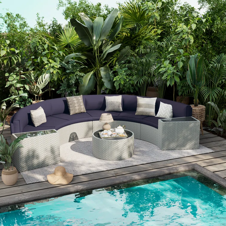 Meredithe Half-Moon 6 - Person Fully Assembled Curved Patio Conversation Set With Coffee Table & Side Table