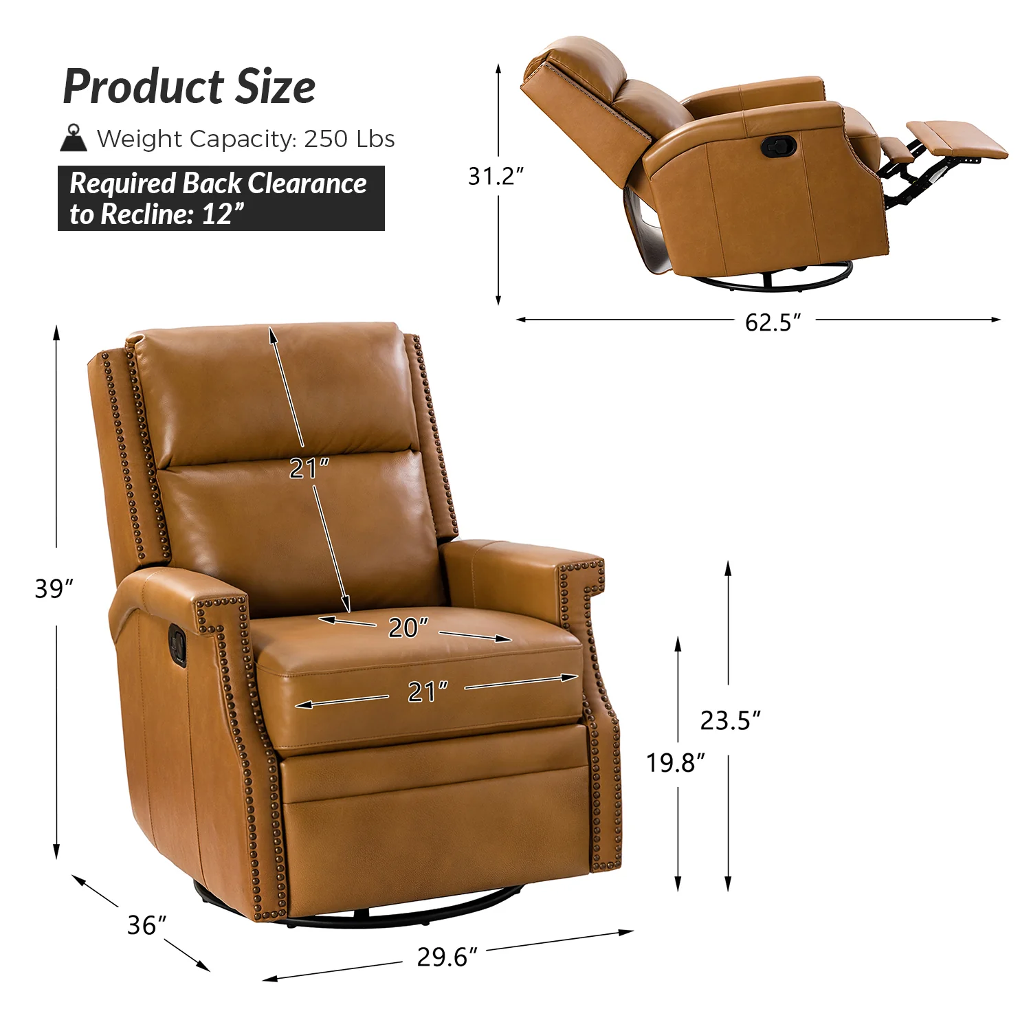 Canace Modern Genuine Leather Manual Glider Rocker Recliner