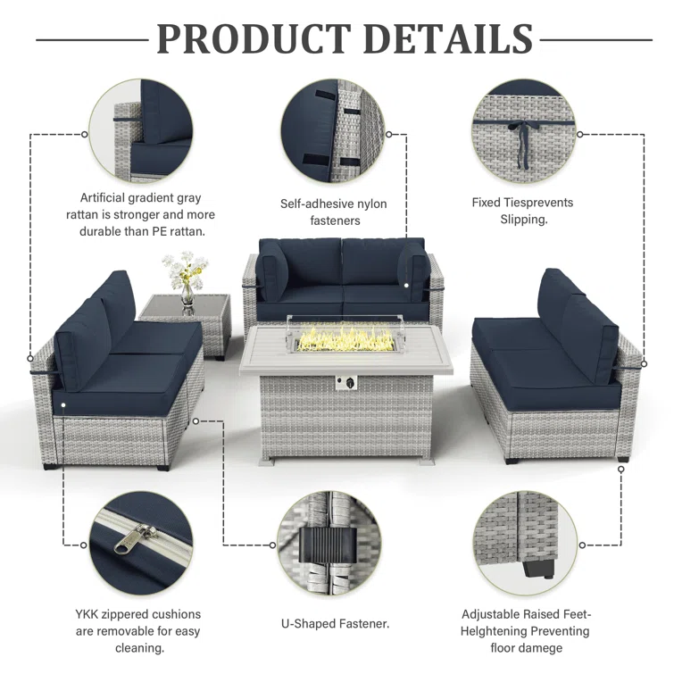 8-Piece Outdoor Patio Conversation Set with Fire Pit Table and 5-inch Thicker Cushions
