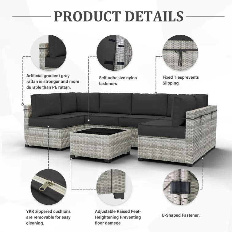 7 Piece Rattan Sectional Seating Group With 5-inch Thicker Cushions