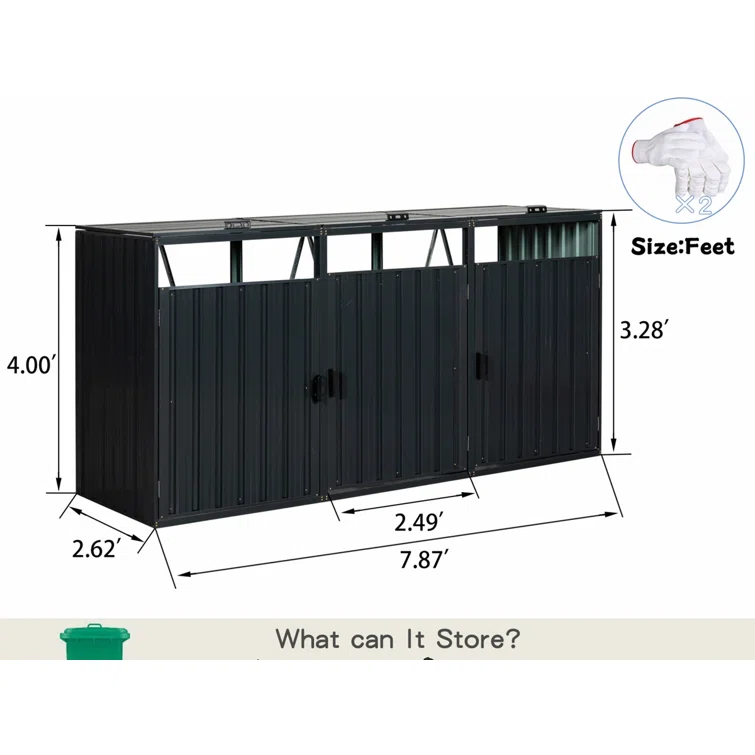 8 ft. W x 3 ft. D Metal Horizontal Garbage Shed
