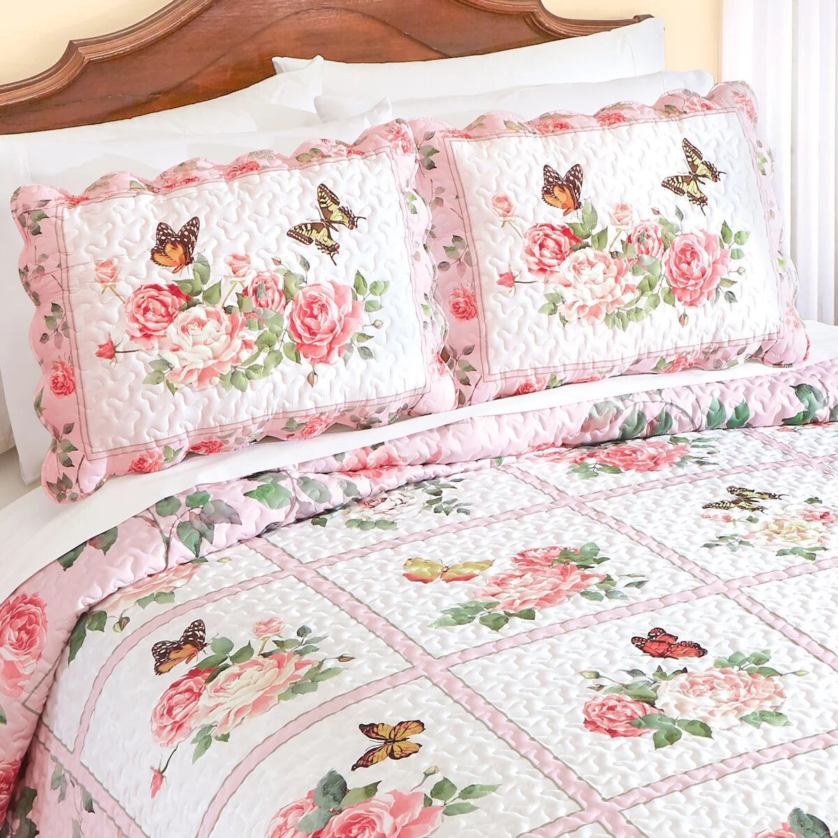 Patchwork Rose and Butterfly Scalloped Edge Pillow Sham Set