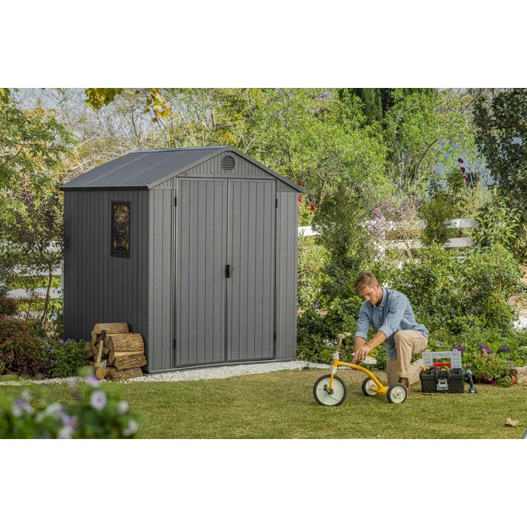 Keter Darwin 6x6 ft. Durable Resin Outdoor Storage Shed With Floor and Double Doors for Garden Patio Furniture and Tools, Graphite