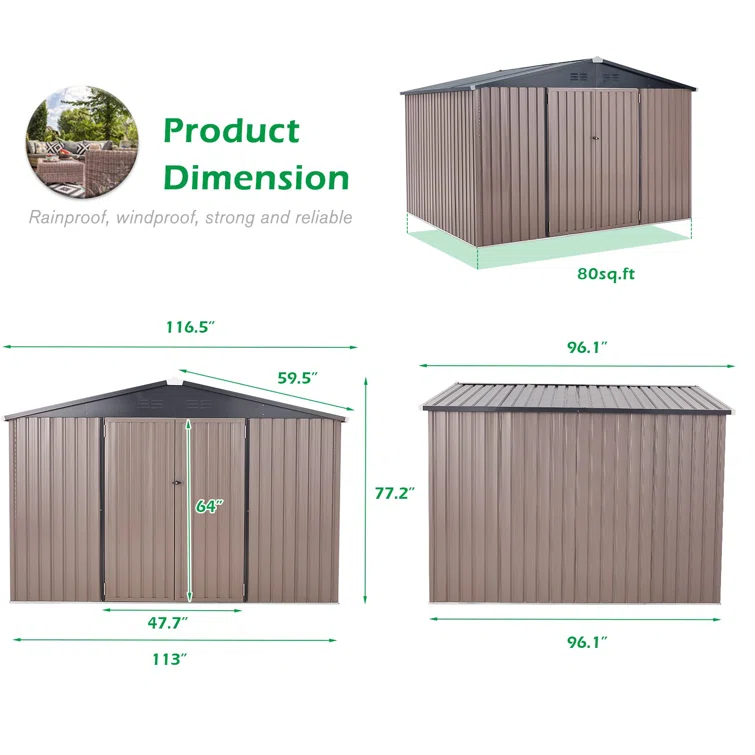 10 ft. W x 8 ft. D Galvanized Steel Storage Shed