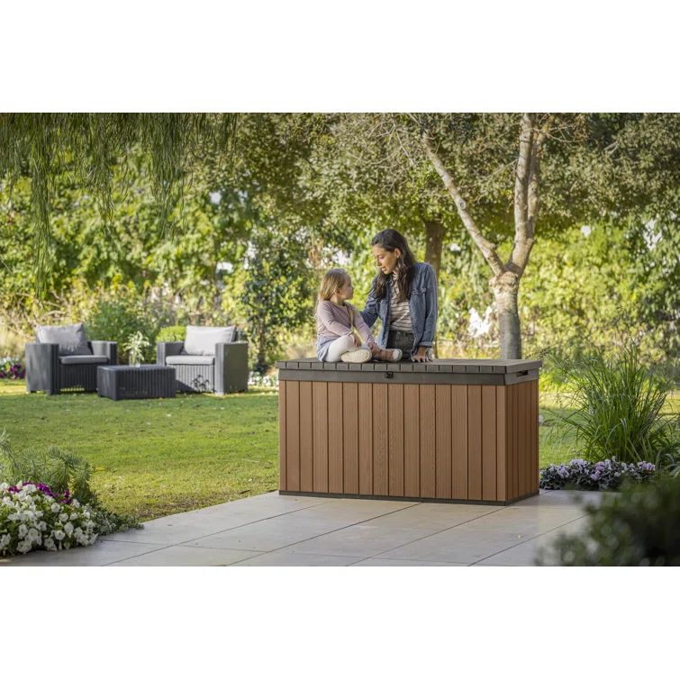 Keter Darwin 150 Gallon Durable Resin Outdoor Storage and Organization Deck Box Ideal For Garden Patio Furniture and Supplies, Brown