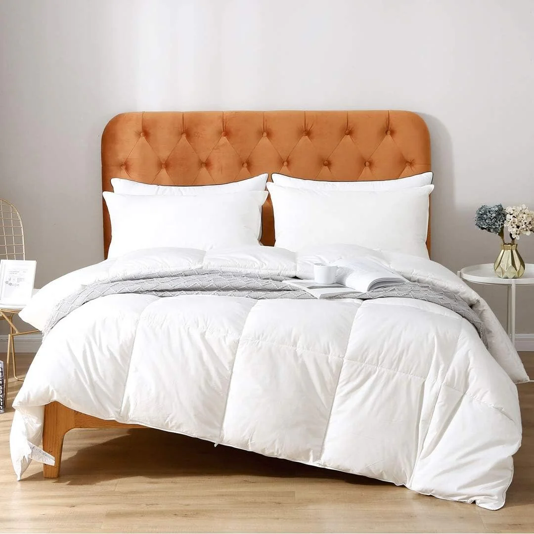 Goose Feathers Down Comforter, 100% Organic Cotton Cover, All Seasons Machine Washable Duvet Insert with Tabs