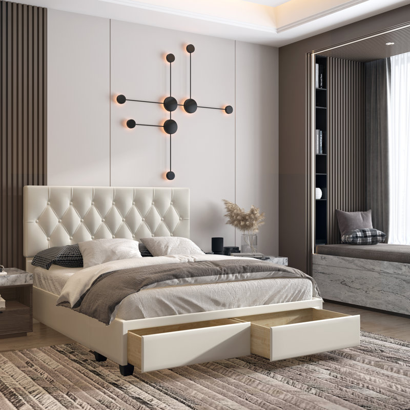 Verona Faux Leather Upholstered Tufted Platform Storage Bed Frame - White