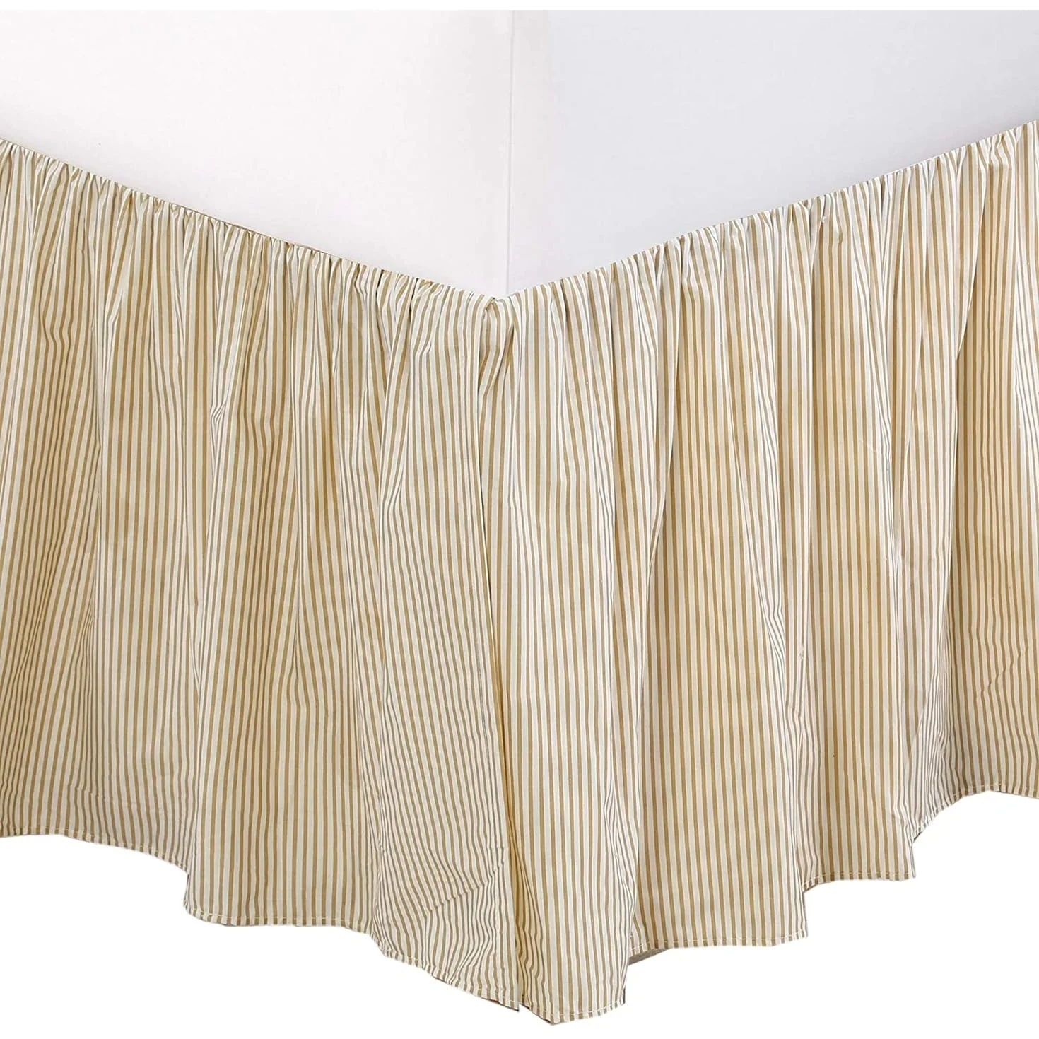 Cozy Line Golden Farmhouse Ticking Cotton Bed Skirt Cream Striped Ruffled Dust Ruffle, Tailored 16