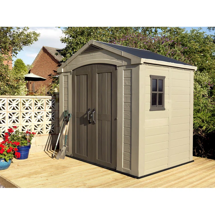 Keter Factor 8x6 ft. Durable Resin Outdoor Storage Shed With Floor and Double Doors for Garden Patio Furniture and Tools, Brown