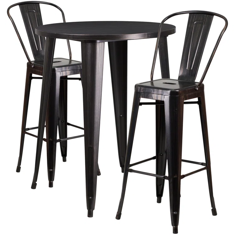 Genece 30'' Round Metal Indoor-Outdoor Bar Table Set with 2 Cafe Stools