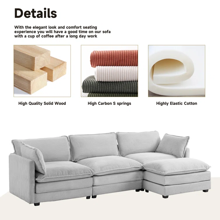 Redenius 4-Piece 112'' Upholstered Corduroy L-Shape Sectional