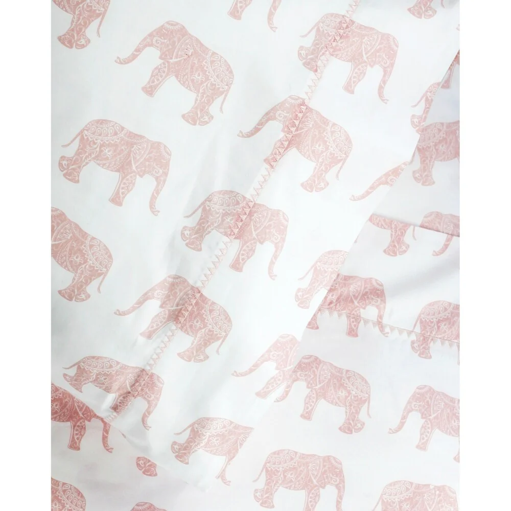 Printed Design Cotton Collection 400 Thread Count Pink Elephants Embroidered Bed Sheet Set