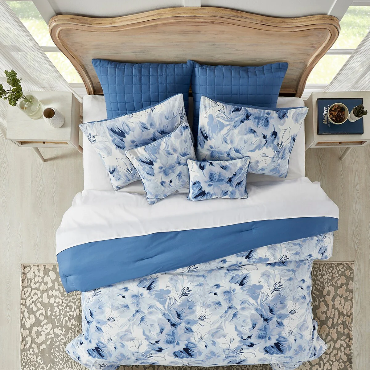 Better Trends Rosalia Collection 7-Piece Microfiber Floral Comforter Set in Blue - Soft, Durable & Machine Washable