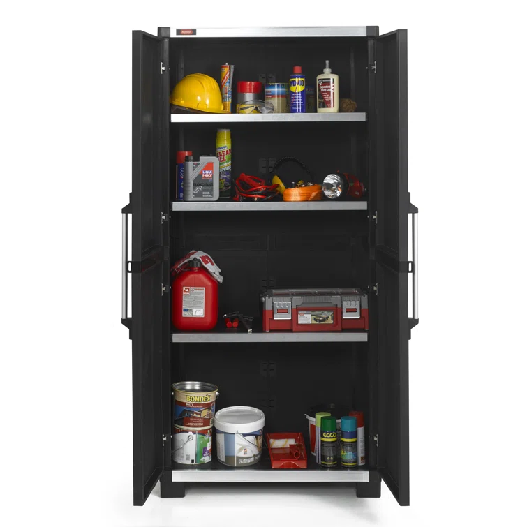 Keter XL Pro Durable Resin Storage Cabinet and Tool Storage Organizer with Lockable Doors and Shelves for Home Garage or Workshop, Black