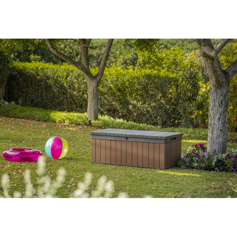 Keter Darwin 100 Gallon Durable Resin Outdoor Storage and Organization Deck Box Ideal For Garden Patio Furniture and Supplies, Brown