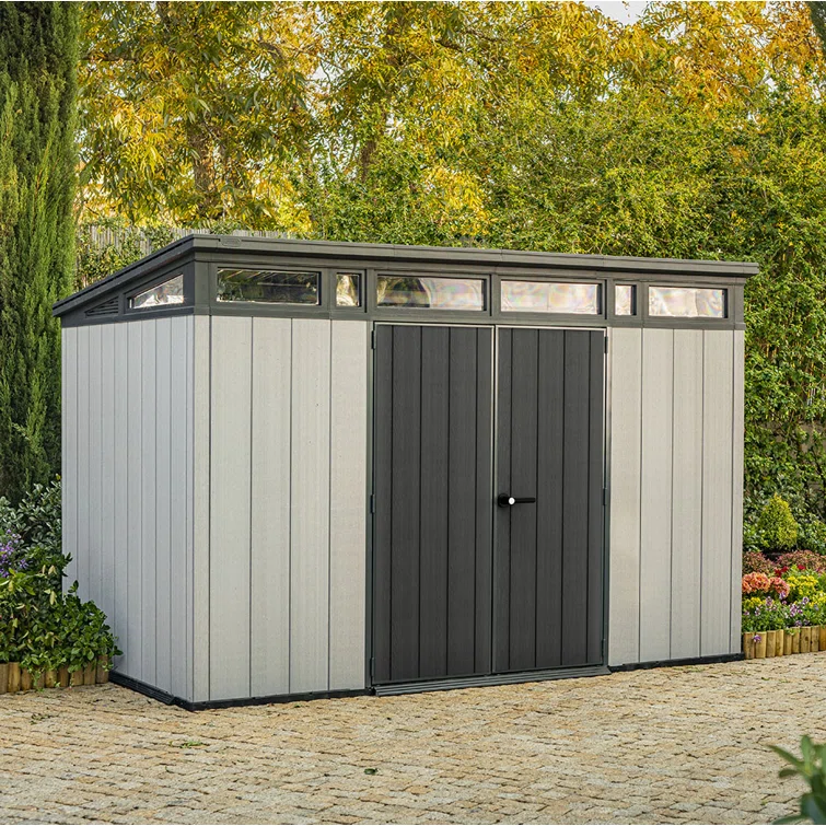 Keter Artisan 11x7 ft. Modern Durable Resin Outdoor Storage Shed With Floor and Double Doors for Garden Patio Furniture and Tools, Grey