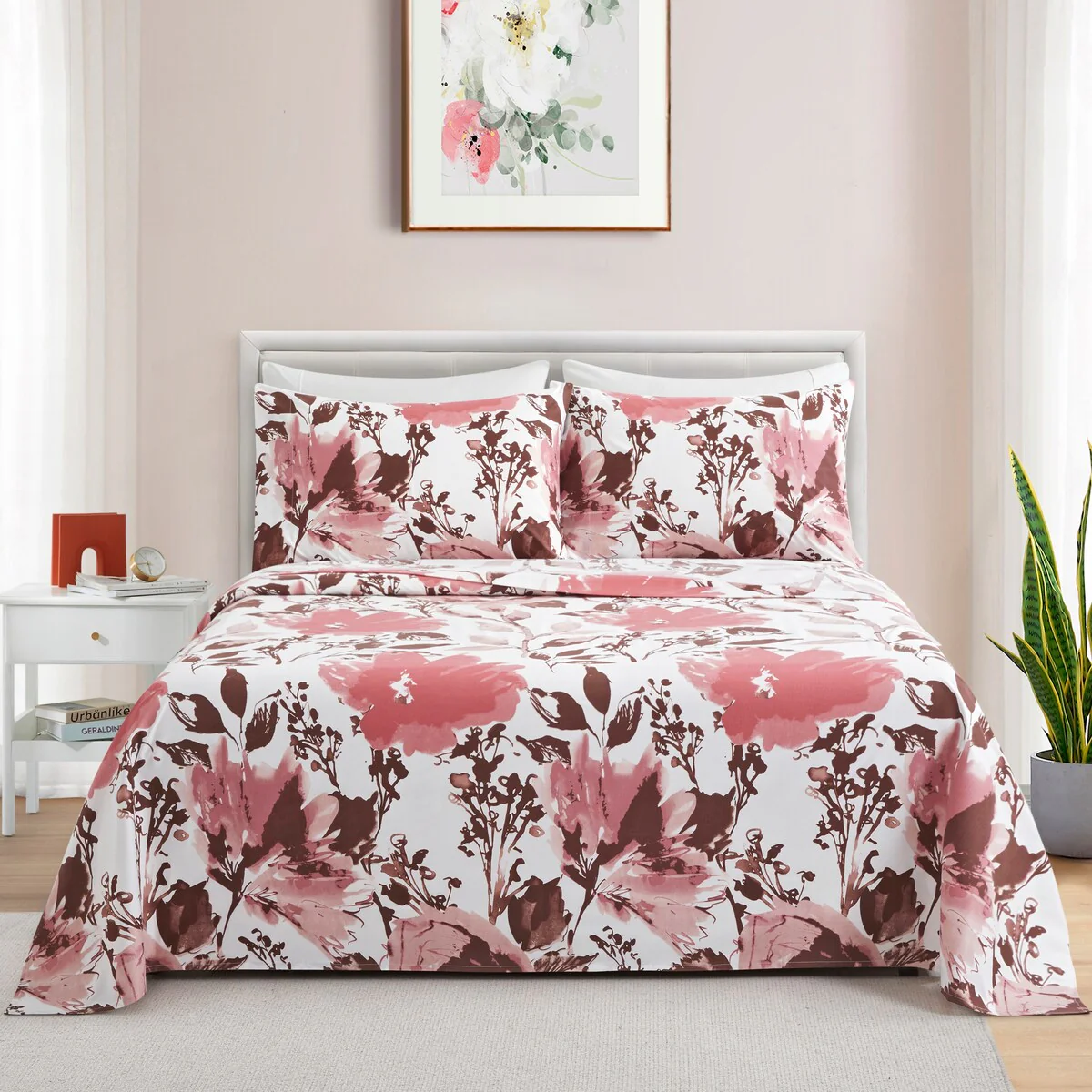 Marina Decoration Soft Silky Deep Pocket Rich Printed Rayon from Bamboo All Season Sheet Set, Pink Red Floral