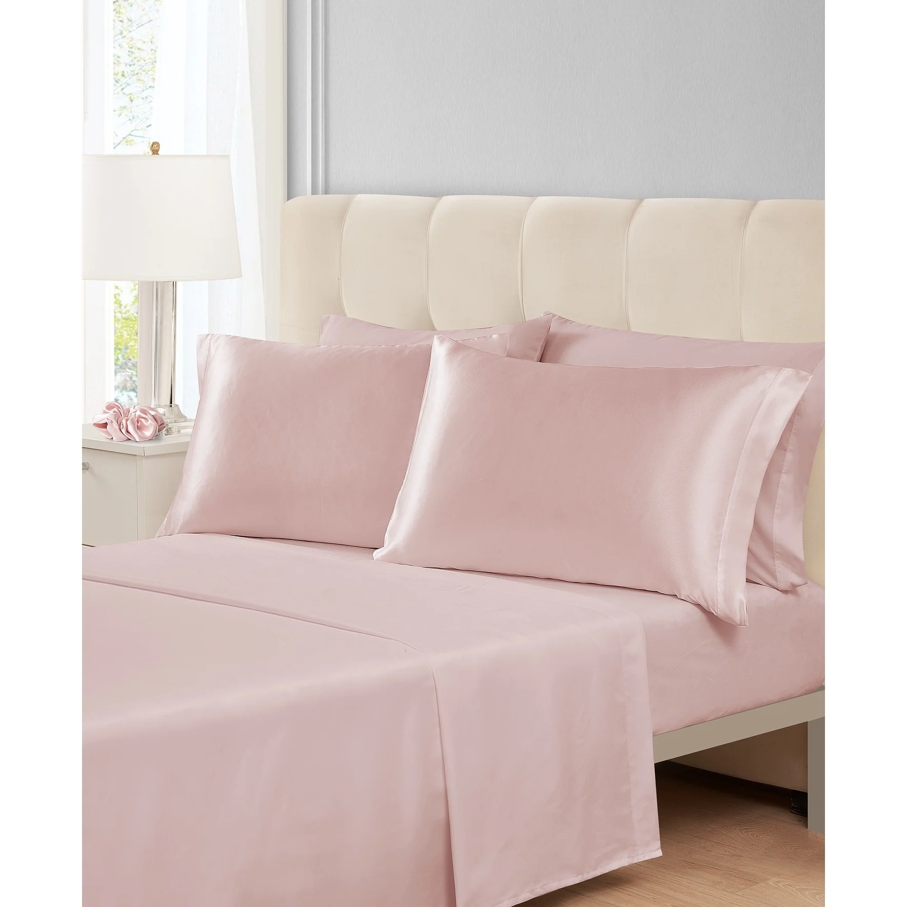 7 Piece Blush Sheet Set with Satin Accessories