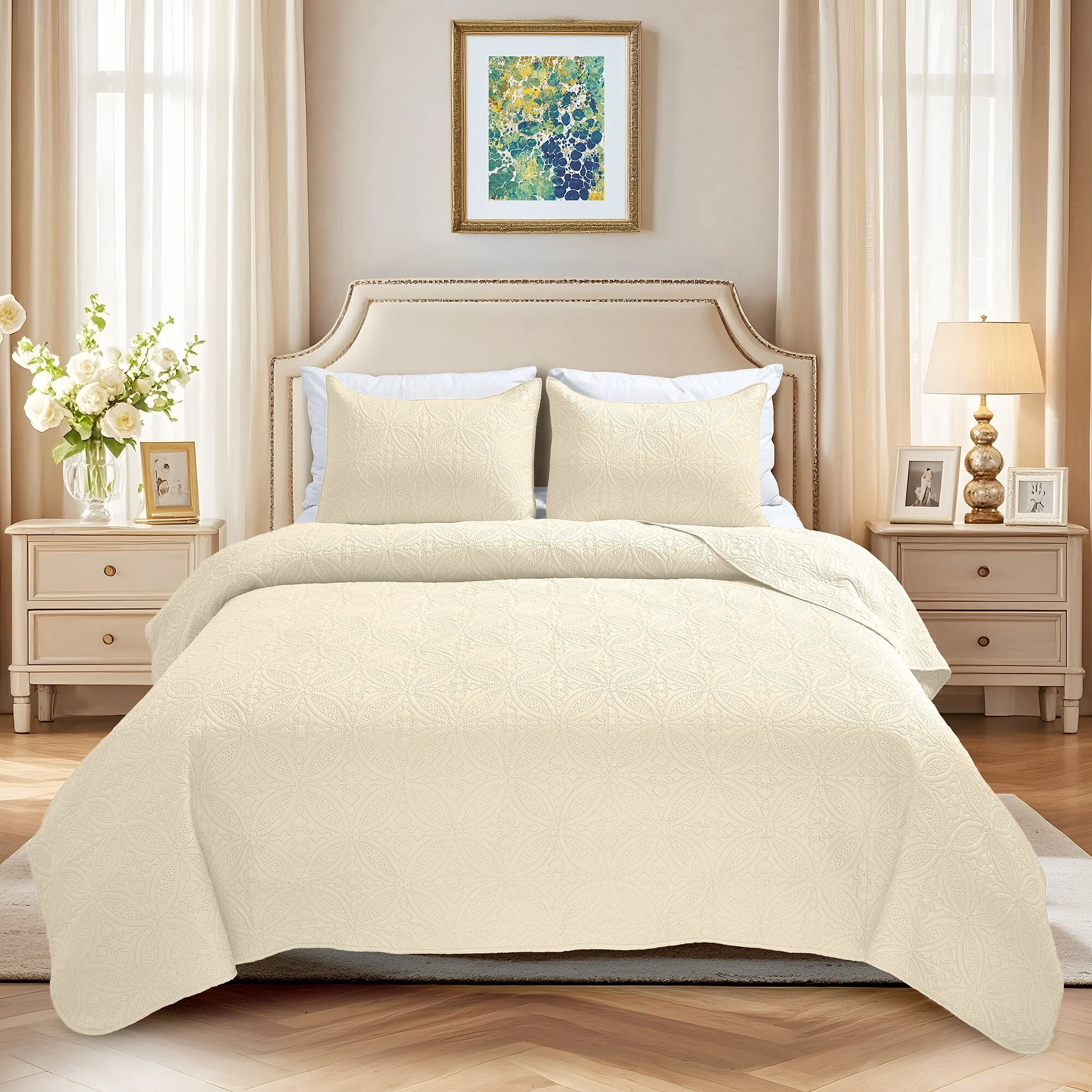 Set of 3 Reversible Quit Set for All Season, Copper Coin Pattern, 1 Quilt & 2 Pillow Shams