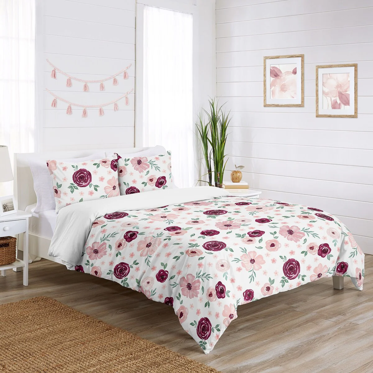 Burgundy Pink Watercolor Floral Girl 3pc Full Queen Comforter Set - Blush Maroon Wine Rose Green Shabby Chic Flower Farmhouse