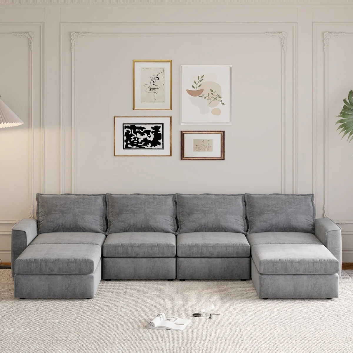 Nestfair Chenille Modular Sectional Sofa U Shaped Reversible Couch Free Combination 6 Seat Sleeper Sofa Bed with Ottoman