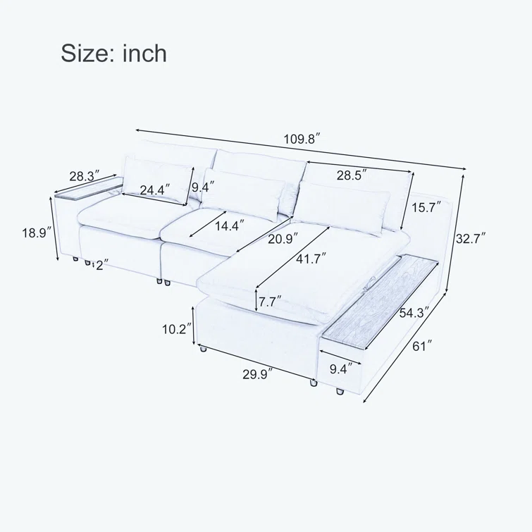 Multi-Functional Sofa with Storage L-shaped Modular Sectional Sofa with Removable Back Cushions