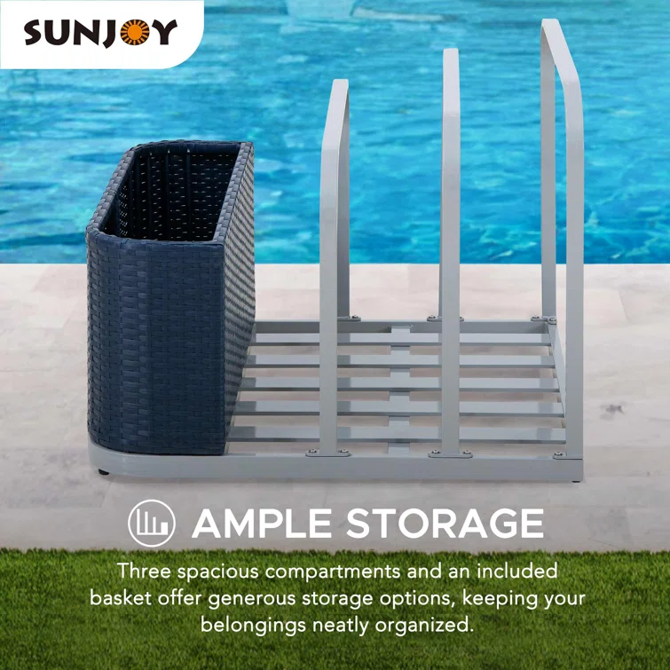 Sunjoy Rust-proof Aluminum Pool Float Storage Rack, 35 Inch Outdoor Wicker Poolside Float Organizer, Pool Float Caddy for Cushions, Floaties, Noodles, Pool Toys
