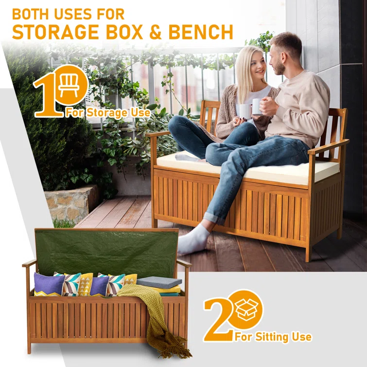 Winado 43 Gallons Acacia Solid Wood Storage Box Bench with Cushion
