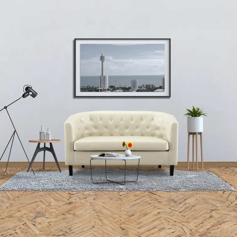 Engelhardt Faux Leather Midcentury Barrel Loveseat 2 Seater Sofa Couch for Bedrooms and Living Room.