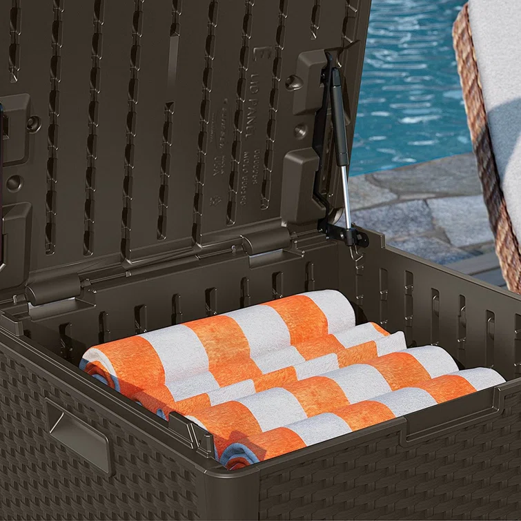Suncast 60 Gallon Resin Wicker Design Cube Shape Storage Deck Box, Java<!-- --> <!-- -->(Set of 2)