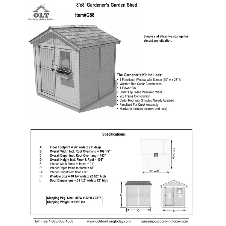 8 ft. W x 8ft. D Gardener Cedar Wood Storage Shed