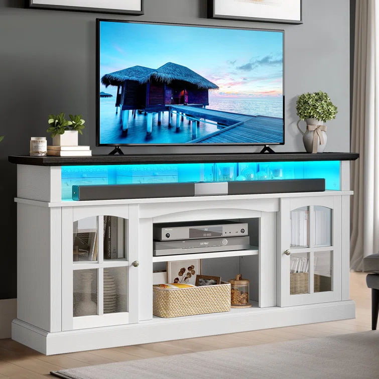LED Farmhouse Media Entertainment Center Console Table TV Stand w/Outlets and Cabinet Glass Door