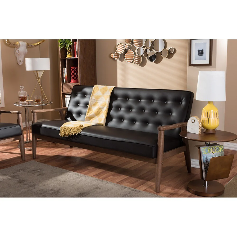 Baxton Studio Sorrento Mid-century Retro Modern Brown Faux Leather Upholstered Wooden 3-seater Sofa