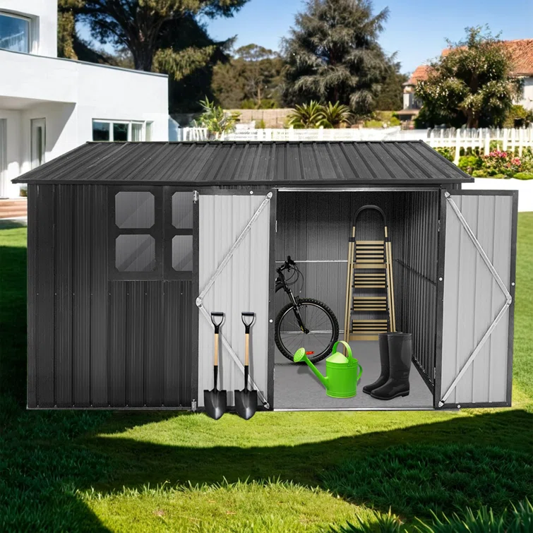 Dark-Grey Metal Garden Shed with Window - Outdoor Storage Facility