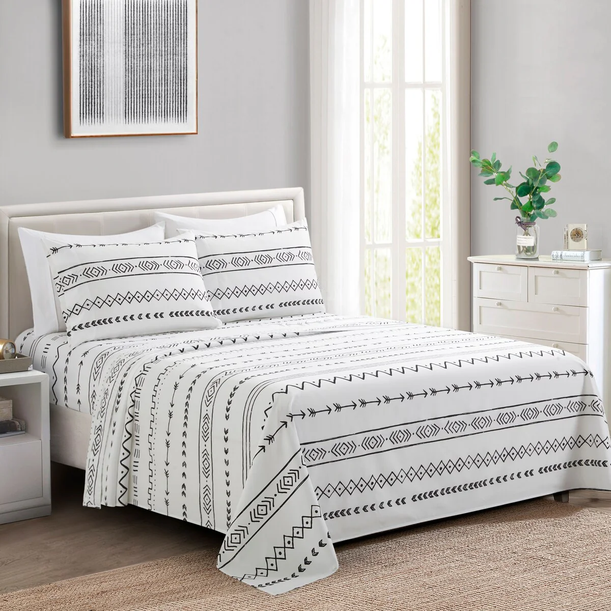 Marina Decoration Soft Silky Deep Pocket Rich Printed Rayon from Bamboo All Season Sheet Set, Simplify Modern Geometric