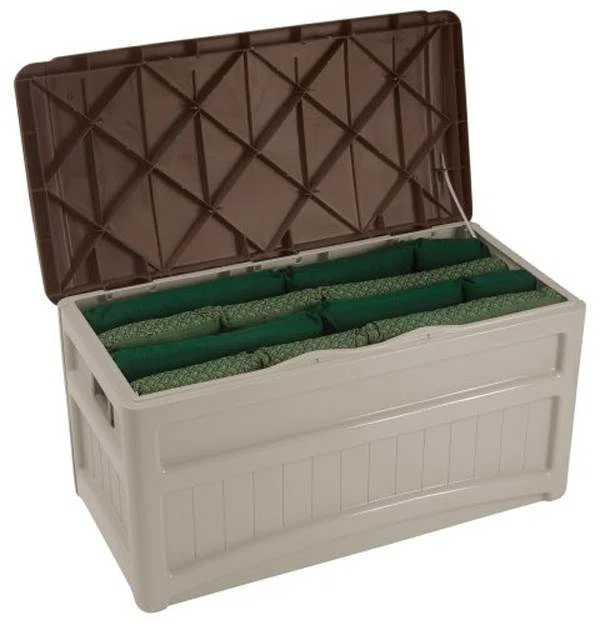 Suncast 78 Gallon Water Resistant Resin Deck Box with Wheels in Light Taupe/Mocha