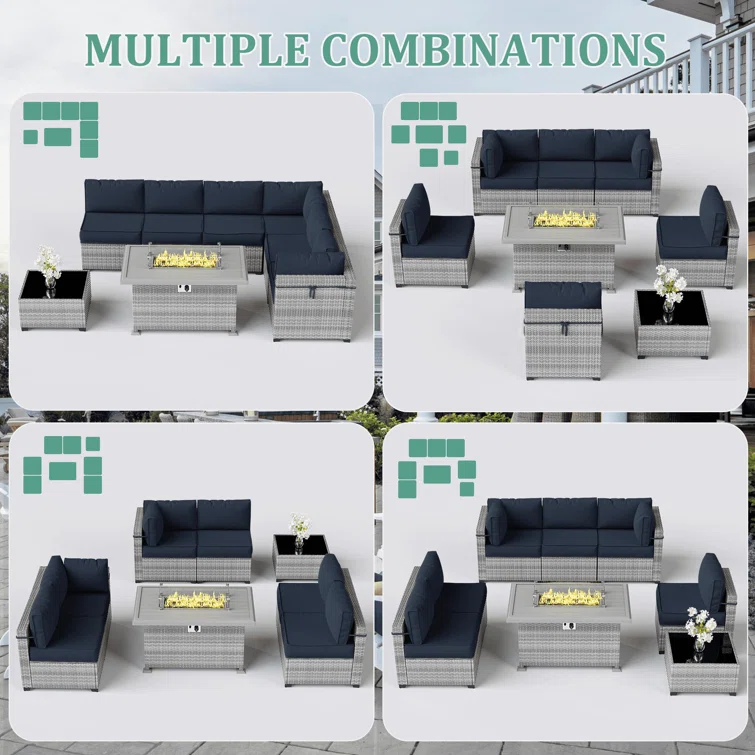 8-Piece Outdoor Patio Conversation Set with Fire Pit Table and 5-inch Thicker Cushions