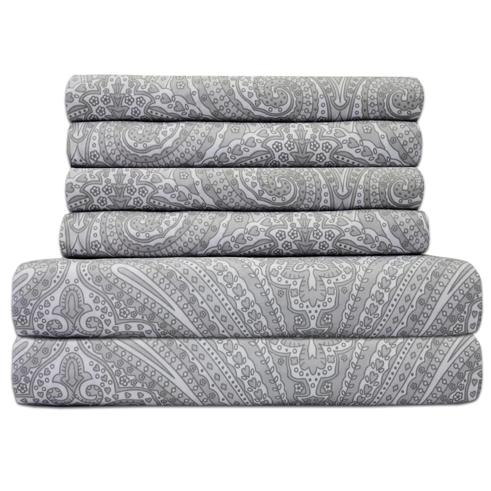 6 Piece Paisley Print Bedroom Bed Sheet Set- Grey