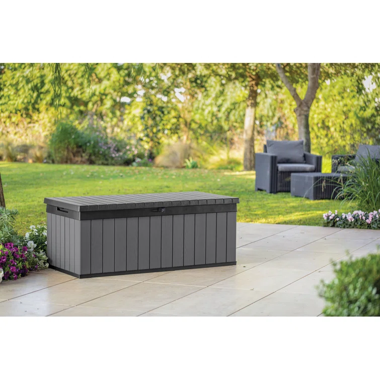 Keter Darwin 100 Gallon Durable Resin Outdoor Storage and Organization Deck Box Ideal For Garden Patio Furniture and Supplies, Graphite