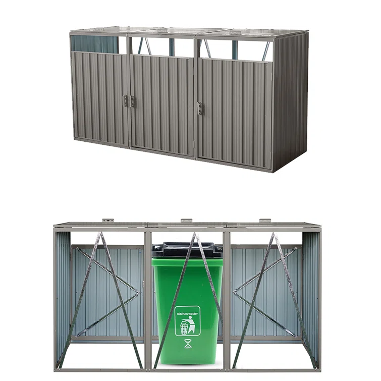 7.8' W Outdoor Trash Can Storage, Storage Shed For 3 Trash Cans Tools, Waterproof Garbage Bin Shed