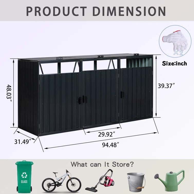 8 ft. W x 3 ft. D Metal Horizontal Garbage Shed