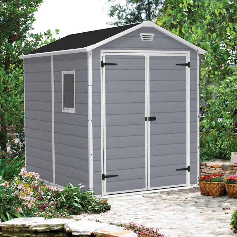 Keter Manor 6x8 ft. Durable Resin Outdoor Storage Shed With Floor and Double Doors for Garden Patio Furniture and Tools, Grey