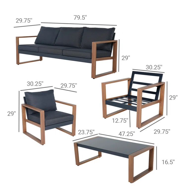 Arunas 5 Person Outdoor Conversation Furniture Set Seating Group with Wood Pattern and Cushions