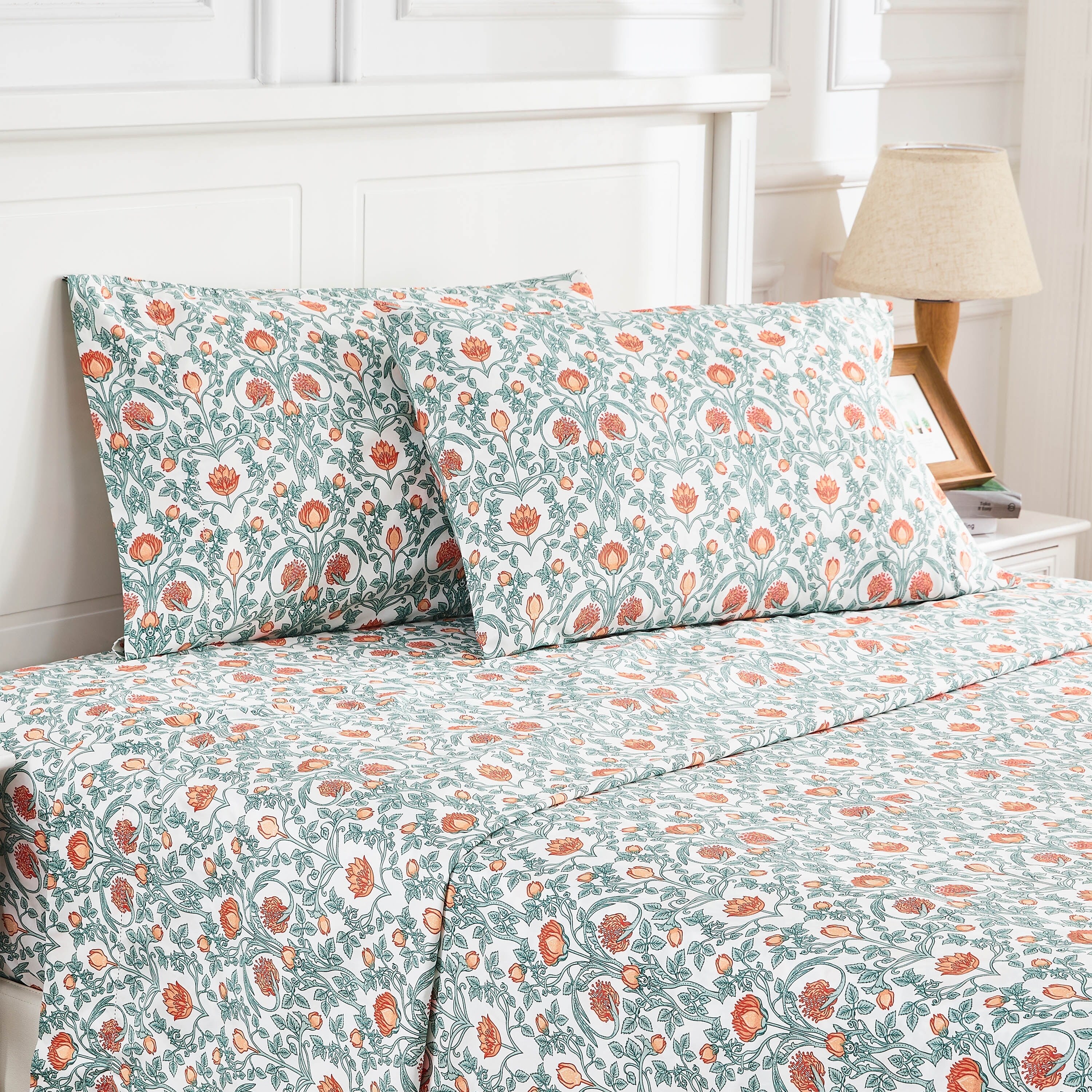 Printed Design Cotton Collection 400 Thread Count Orange Floral Crafted Sheet Set and Pillowcases