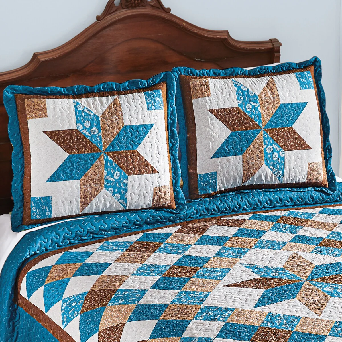 Classic Blue & Tan Diamond Star Patchwork Pillow Sham