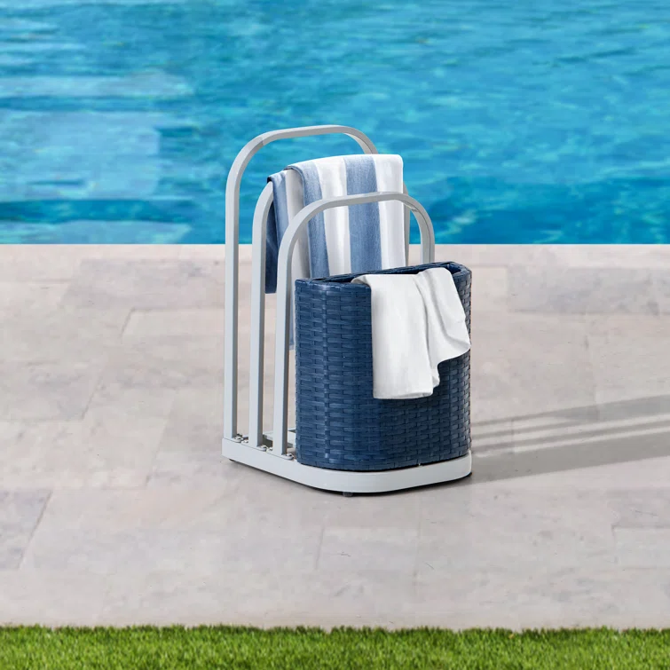 Sunjoy Rust-proof Aluminum Pool Float Storage Rack, 16 Inch Outdoor Wicker Poolside Float Organizer, Pool Float Caddy for Cushions, Floaties, Noodles, Pool Toys